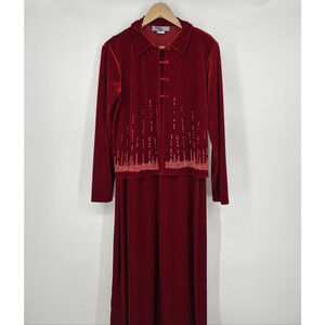Vintage Carol Anderson Dress Cardigan 2 Piece Set Womens M Red Velvet Beaded 90s